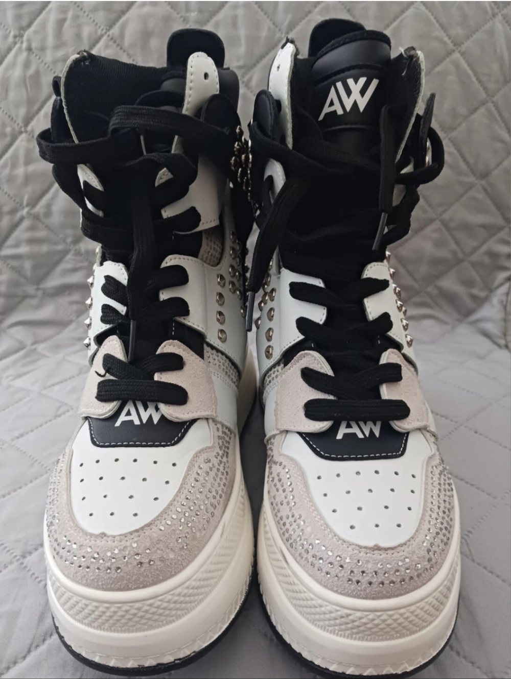 AW High-Top Women's Sneakers in White and Black with Crystal Accents